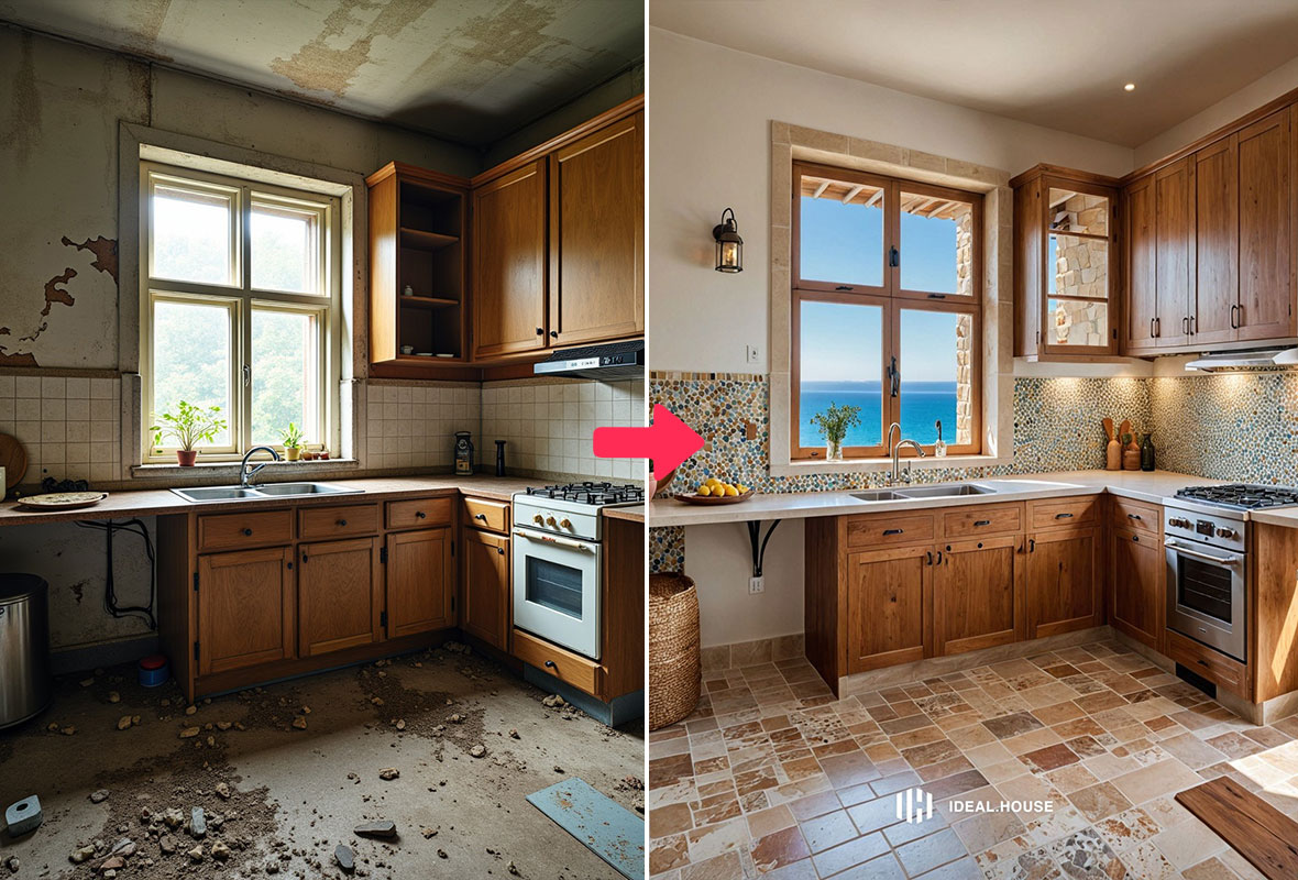 Diseño de Cocina Abierta Moderna con Gabinetes Blancos e Isla Negra